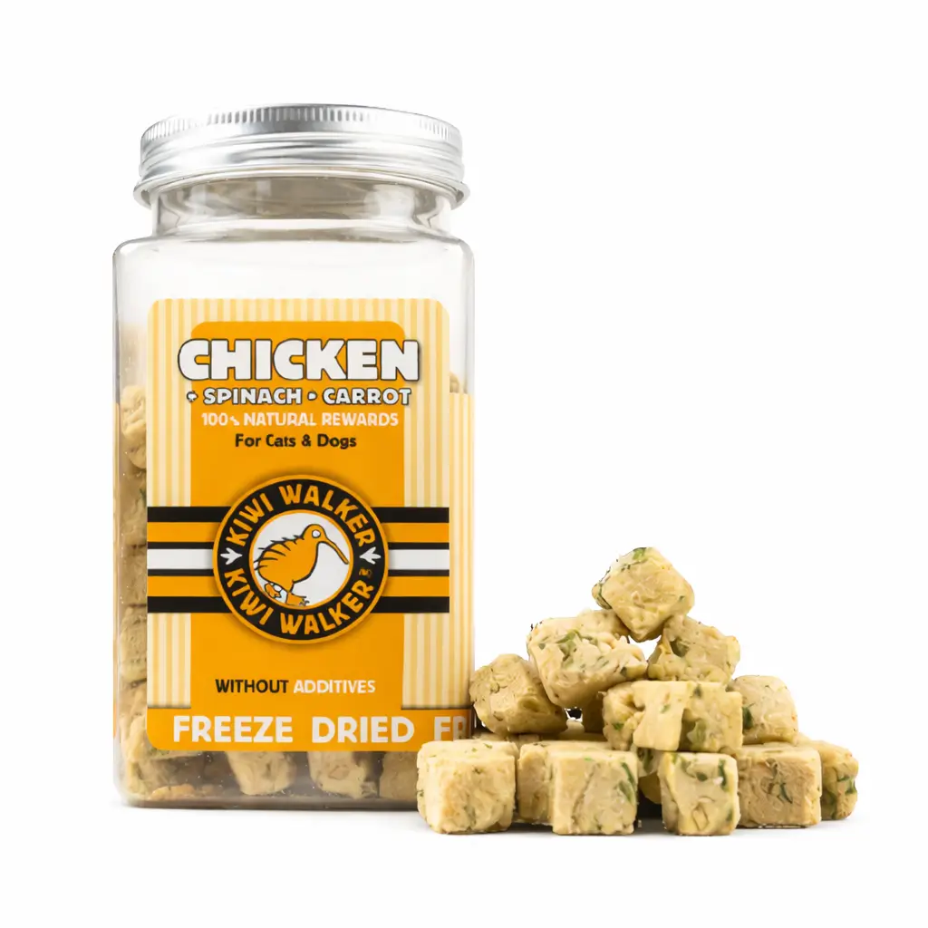 Friandises lyophilisées pour chien et chat au poulet, épinards et carottes